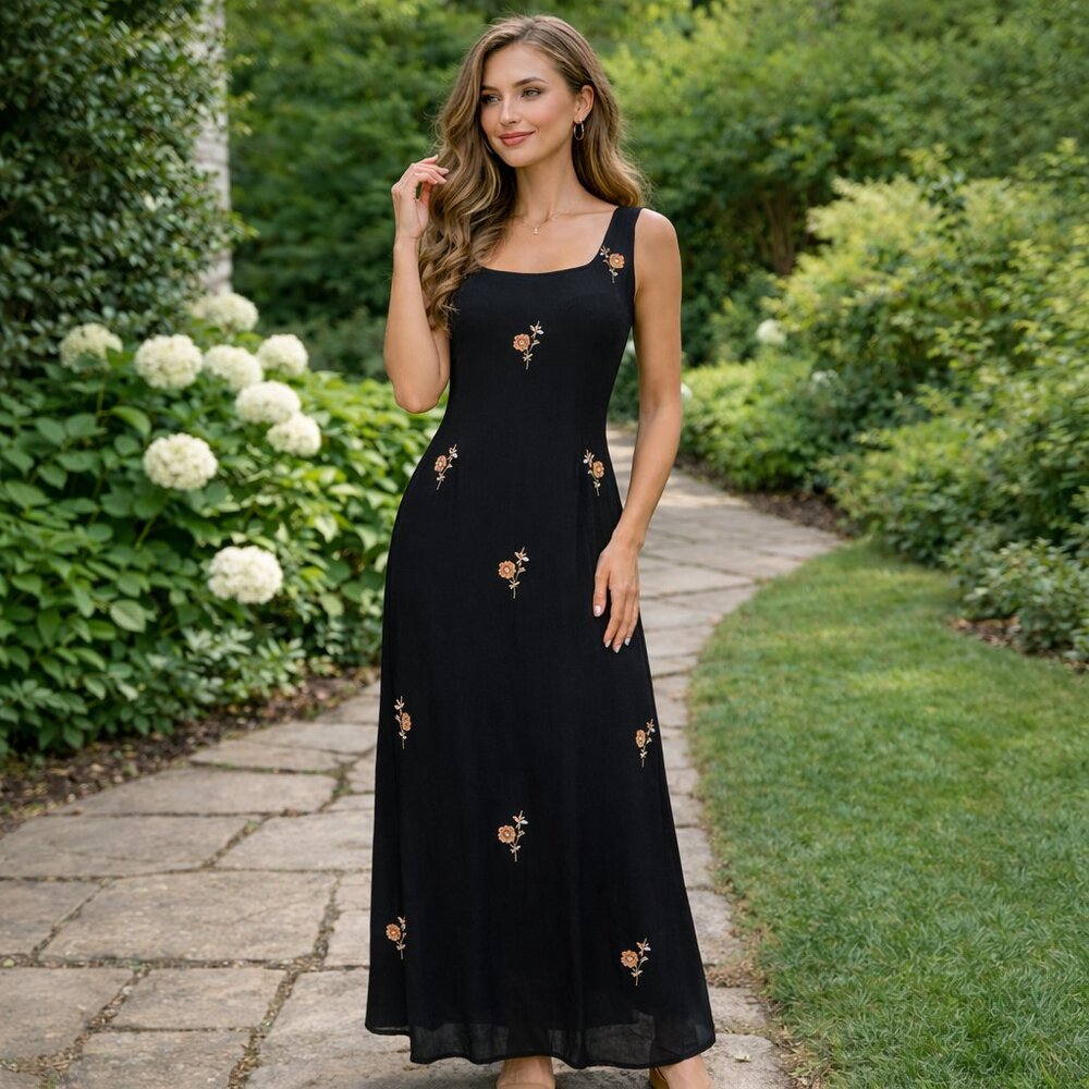 Vintage Maxi Dress Lrg Variations Sheath Embroidery Flower Sheer Lined  Y2K 90's